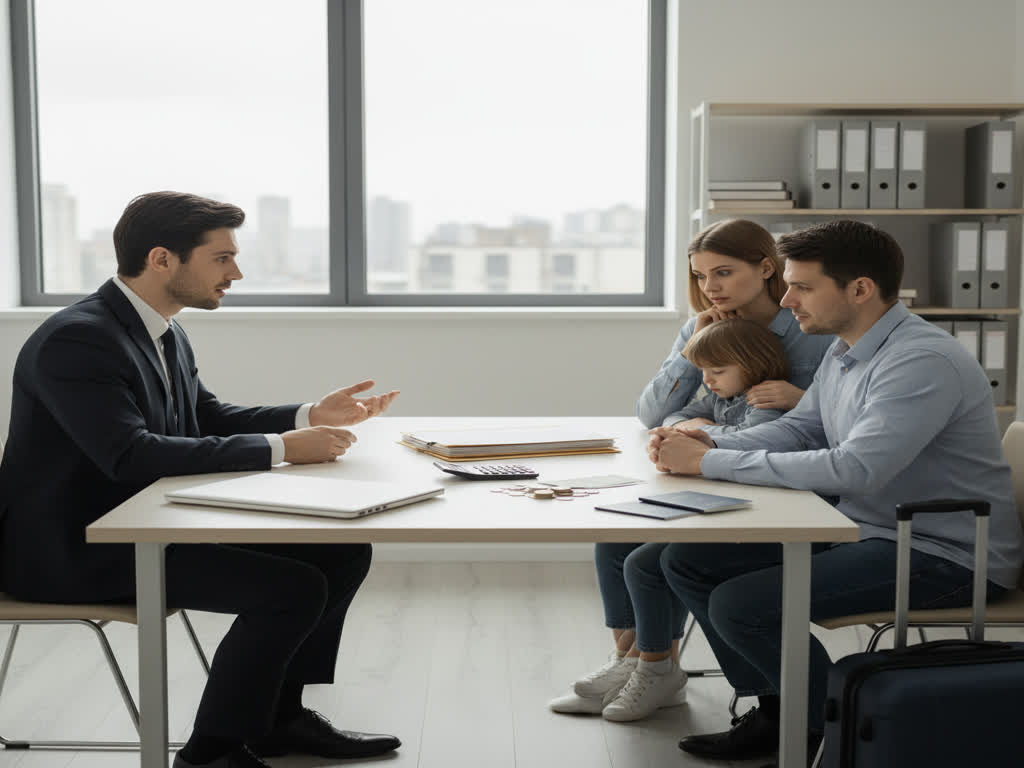 Abogado migratorio revisando documentos de visa con familia para planear mudanza y evitar rechazos